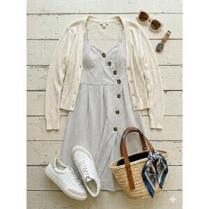 Maurices Stripe Button Front Faux Wrap Dress Large Cream Blue Coastal Prep Lined